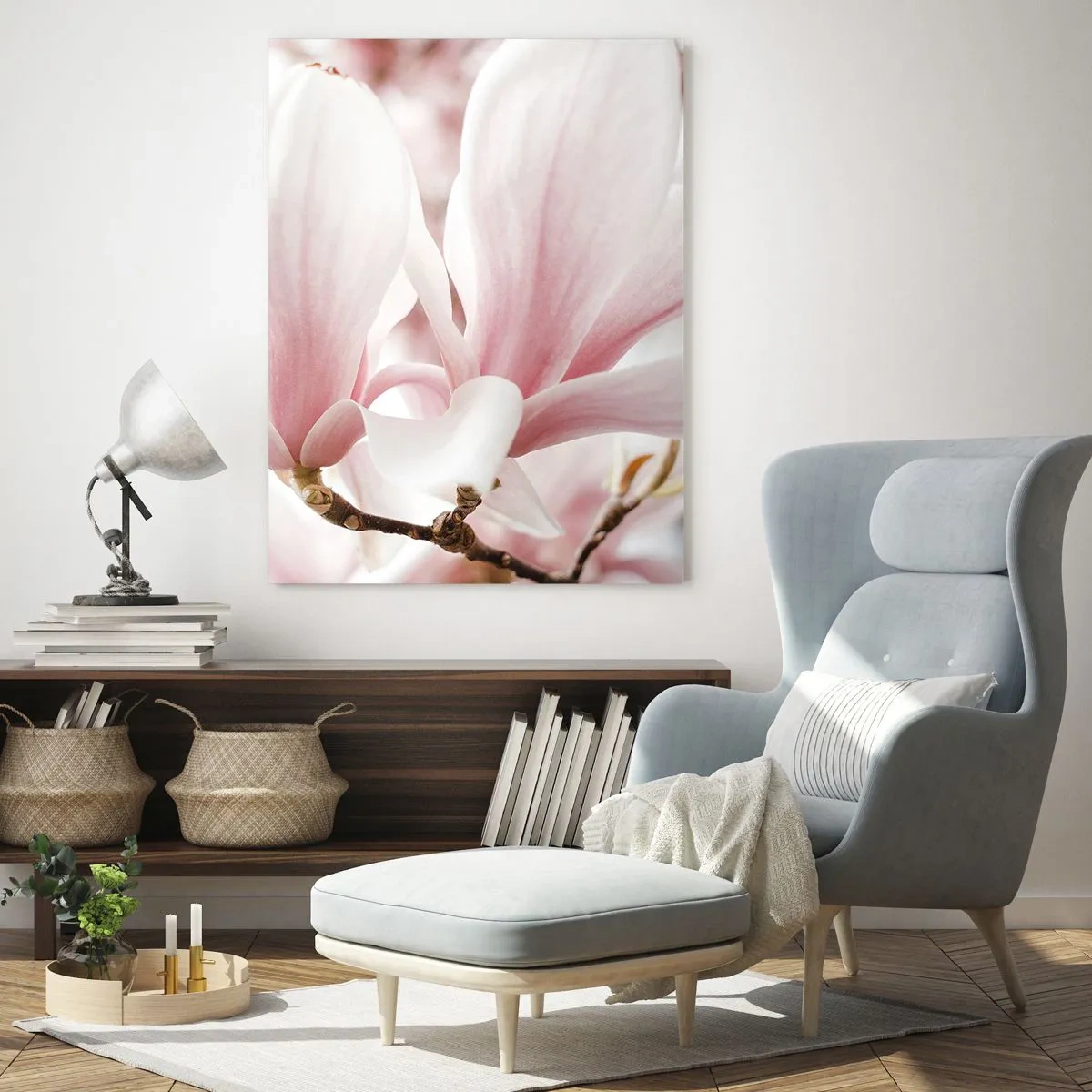 Impression sur verre - Image sur verre - Magnolias roses délicats en gros plan sur un fond flou - 50x70cm - Abondance de tendresse - Décoration murale moderne pour le salon et la chambre ARTTOR