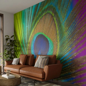 Papier Peint Photo Standard Eco - Plume de paon colorée avec motif détaillé - 100x70cm - Les yeux dans les yeux - Décoration murale moderne pour le salon et la chambre ARTTOR