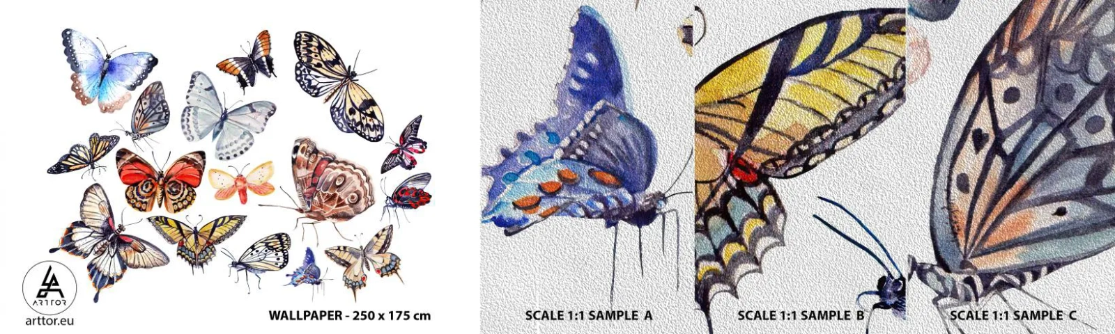 Échantillon de Papier Peint Premium Sand - Essaim de dentelle et de couleurs - Pour les enfants, Papillons colorés, Graphique - 100x30 cm