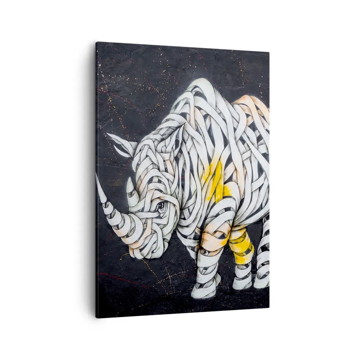Impression sur toile - Image sur toile - Un rhinocéros sculpté avec des rayures abstraites sur un fond sombre. - 50x70cm - La peau épaisse est un mythe - Décoration murale moderne pour le salon et la chambre ARTTOR