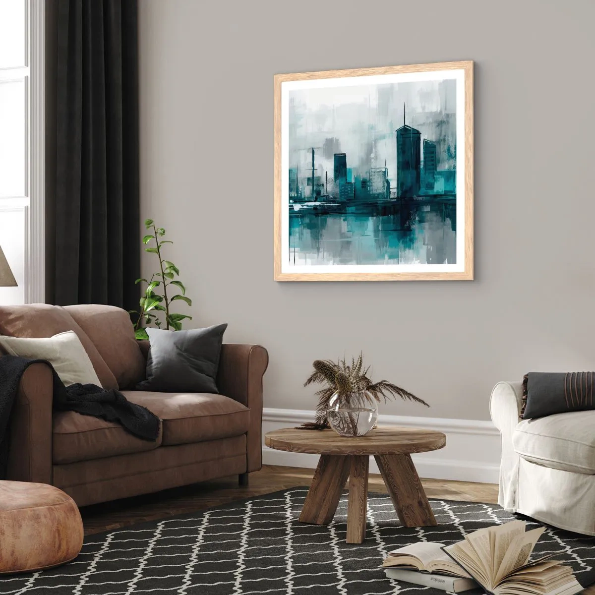 Affiche dans un chêne clair - Poster - Une ville couleur de pluie - 60x60 cm