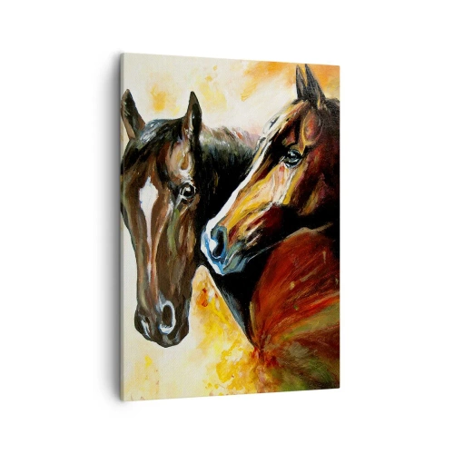 Impression sur toile - Image sur toile - Une paire de chevaux dans une composition picturale - 50x70cm - Deux fois plus gracieux - Décoration murale moderne pour le salon et la chambre ARTTOR