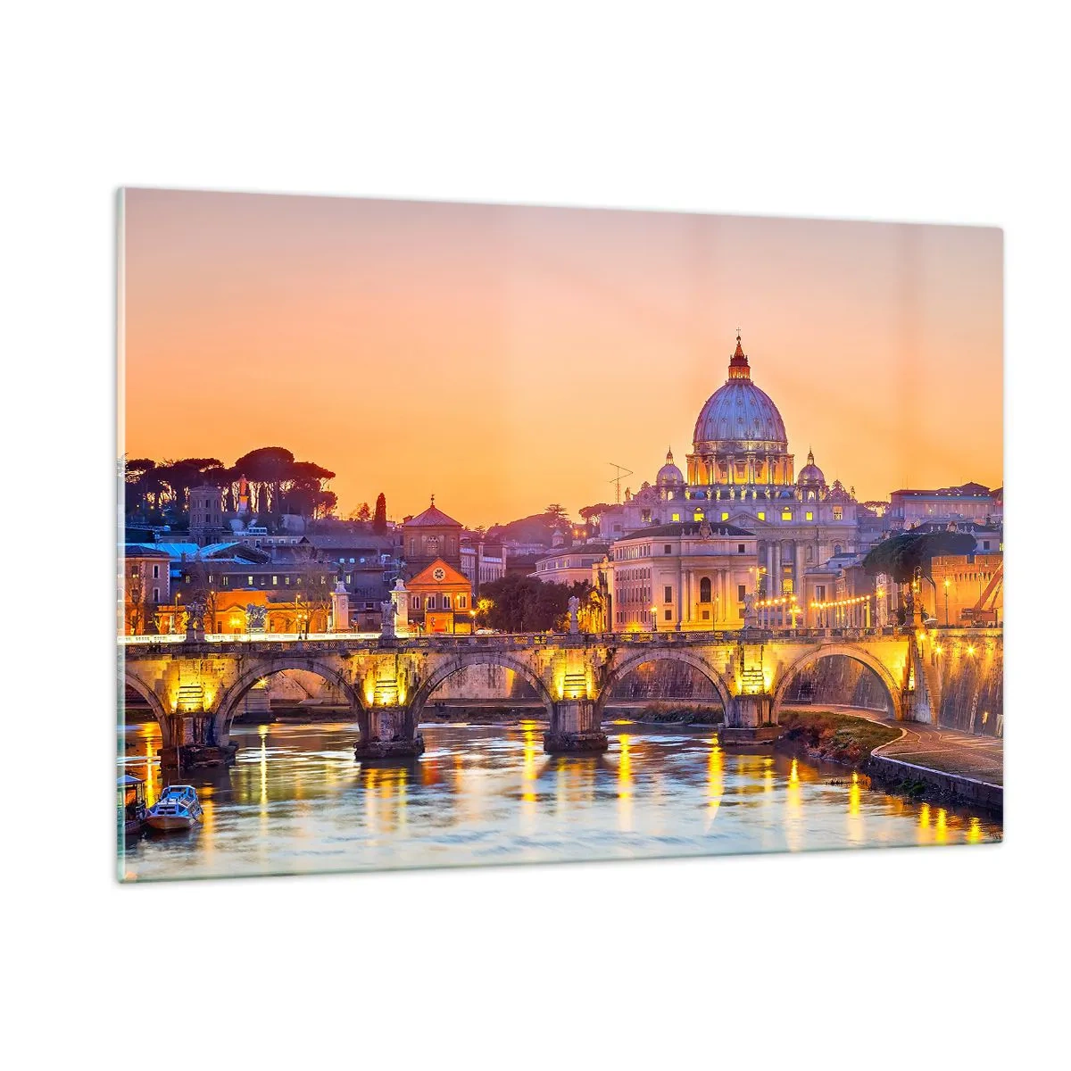 Impression sur verre - Image sur verre - Pont et basilique à Rome au coucher du soleil - 120x80cm - Coucher de soleil sur la ville éternelle - Décoration murale moderne pour le salon et la chambre ARTTOR