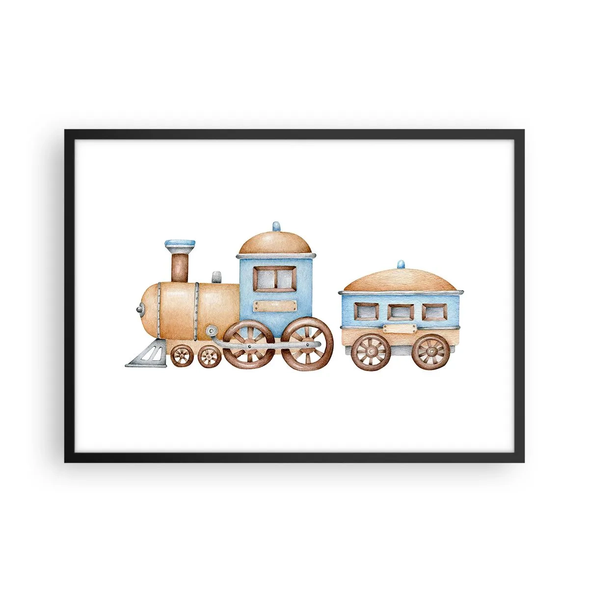 Affiche dans un cadre noir - Poster - Dessin d'un train aux tons pastel sur fond blanc - 70x50cm - Il est à la gare... - Décoration murale moderne pour le salon et la chambre ARTTOR