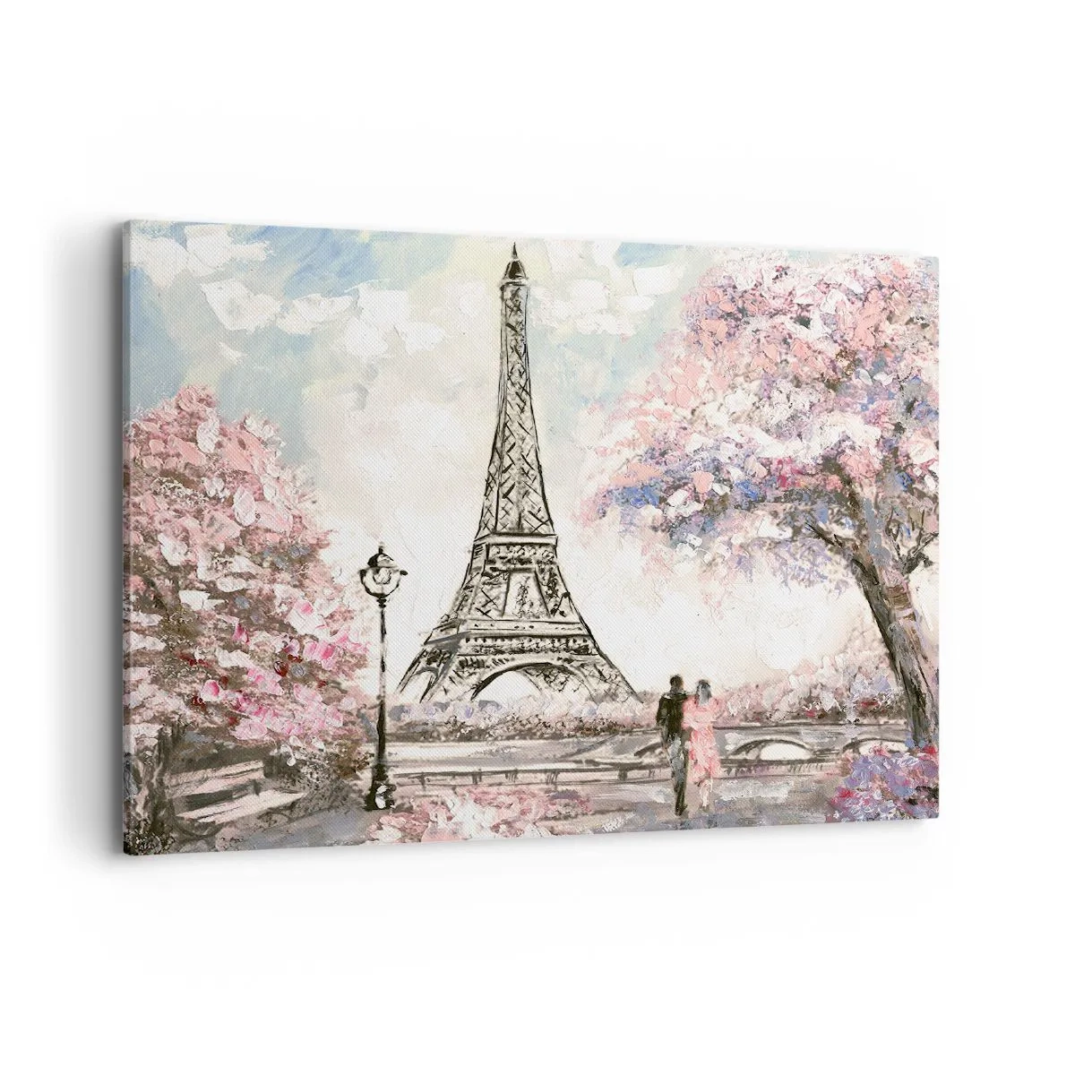 Impression sur toile - Image sur toile - La Tour Eiffel entourée d'arbres en fleurs - 100x70cm - Balade d'avril à Paris - Décoration murale moderne pour le salon et la chambre ARTTOR