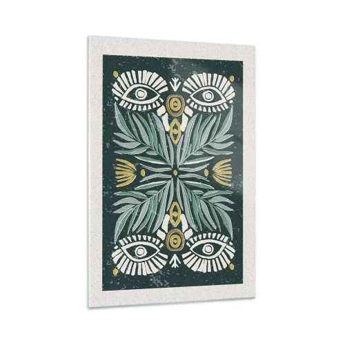 Impression sur verre - Image sur verre - Motif végétal symétrique sur fond vert - 70x100cm - Comme une découpe folklorique - Décoration murale moderne pour le salon et la chambre ARTTOR