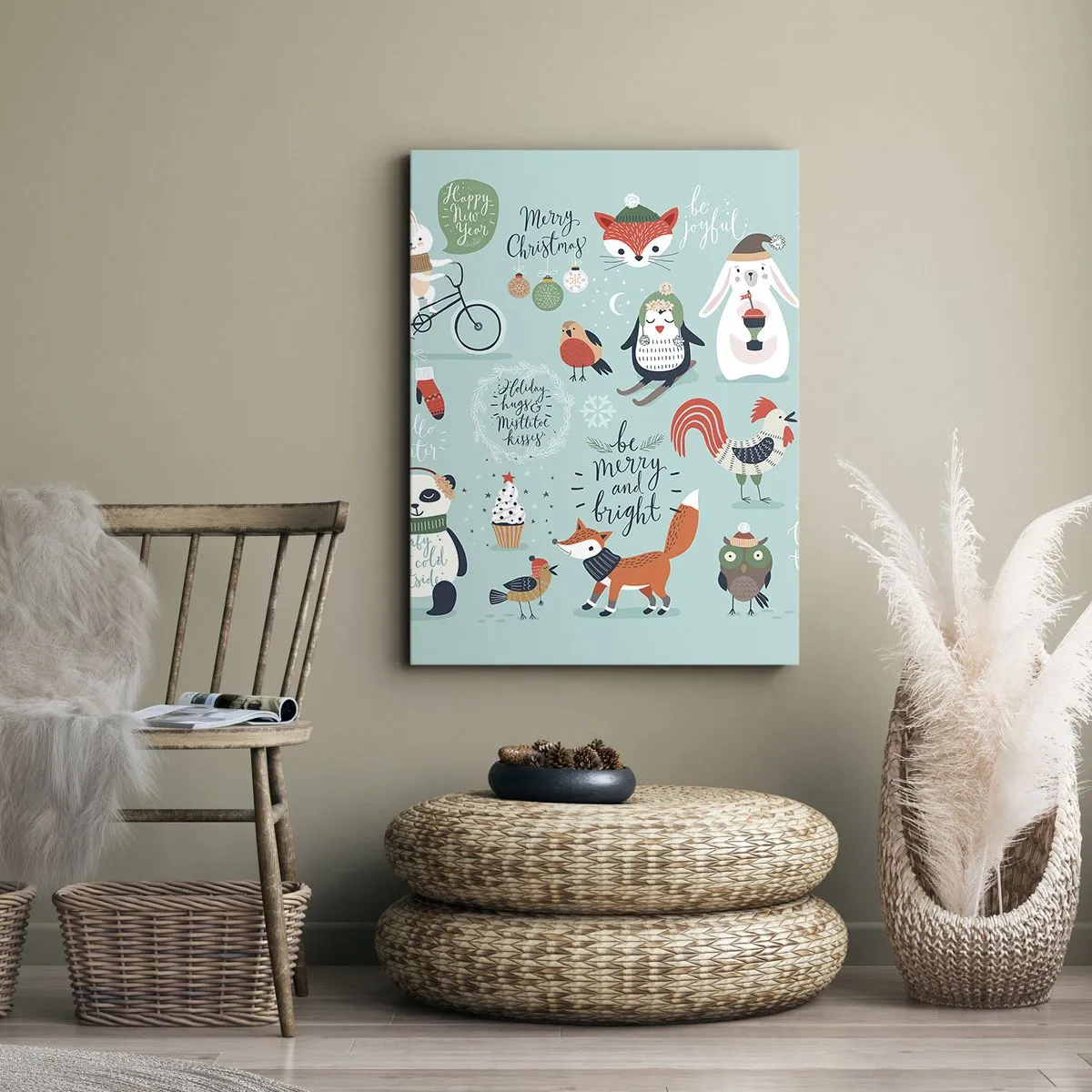 Impression sur toile - Image sur toile - Illustration de Noël d'animaux dans une ambiance hivernale - 50x70cm - Que ce soit toujours Noël ! - Décoration murale moderne pour le salon et la chambre ARTTOR