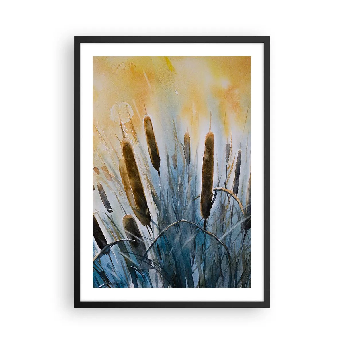 Affiche dans un cadre noir - Poster - Une composition picturale de roseaux dans une lumière chaude - 50x70cm - Fraicheur de l'eau, chaleur du soleil - Décoration murale moderne pour le salon et la chambre ARTTOR