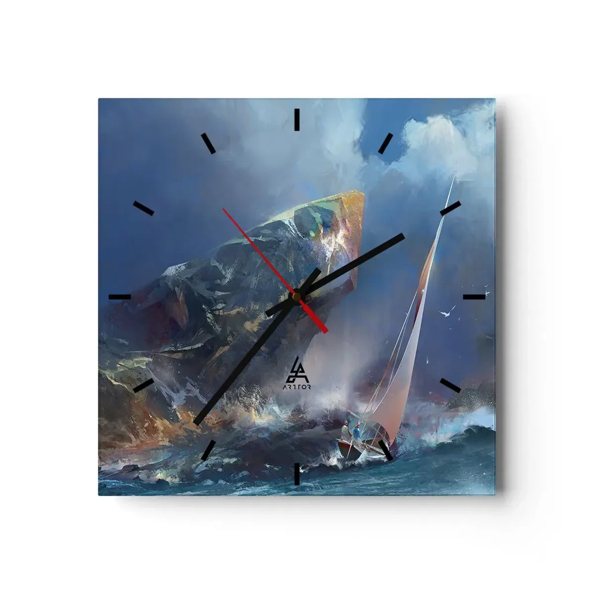 Horloge murale - Pendule murale - Un voilier dans une tempête au pied d'un rocher massif - 30x30cm - Celui qui est courageux, gagne - Décoration murale moderne pour le salon et la chambre ARTTOR