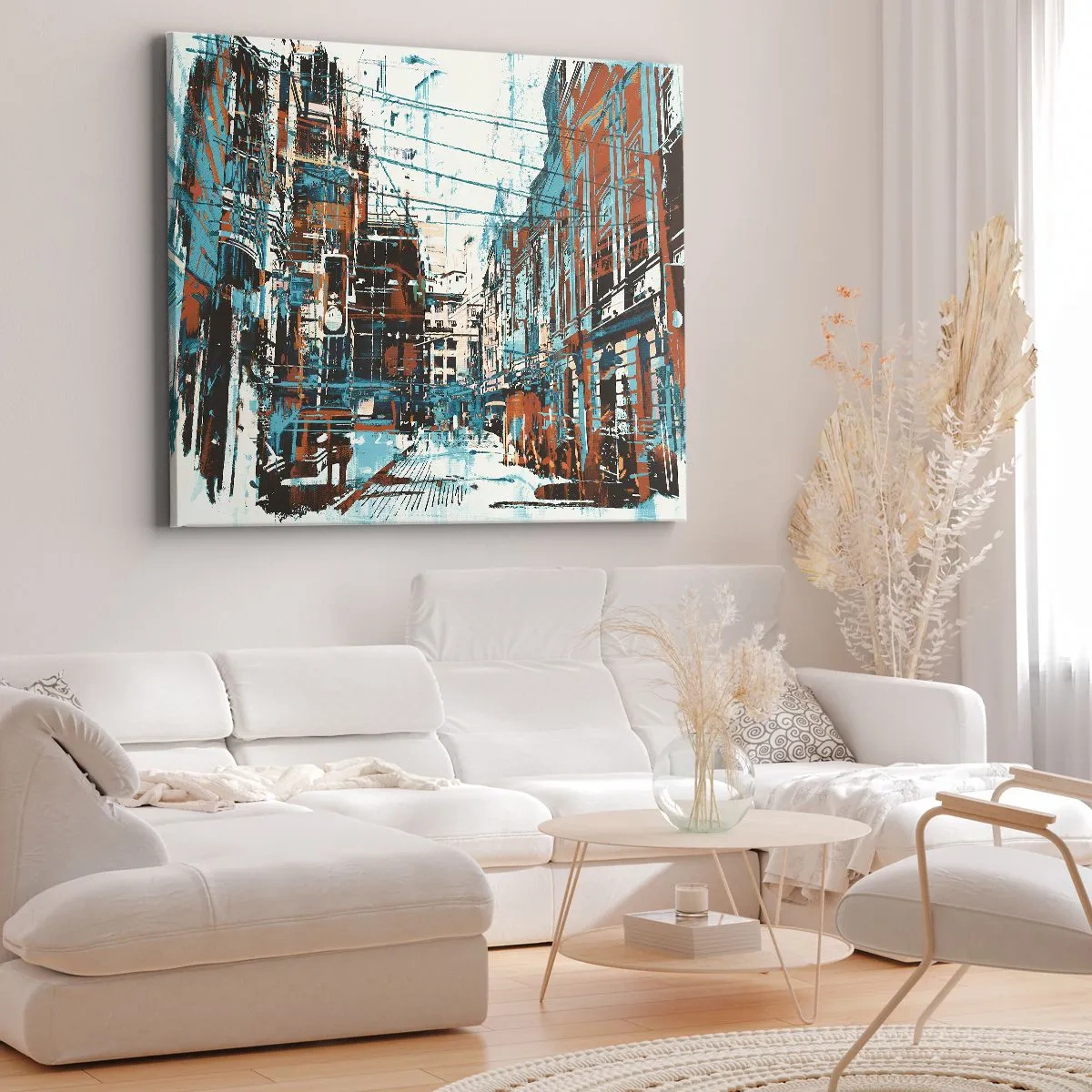 Impression sur toile - Image sur toile - Un paysage urbain aux tons bleus et orange - 120x80cm - Un sentier de ville usé - Décoration murale moderne pour le salon et la chambre ARTTOR