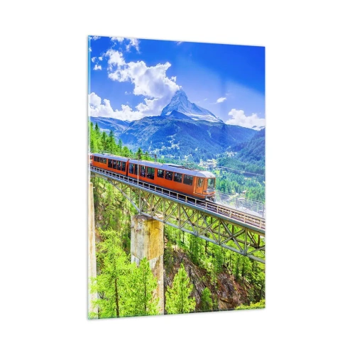 Impression sur verre - Image sur verre - Train alpin sur un pont surplombant une cascade - 50x70cm - Train dans les Alpes - Décoration murale moderne pour le salon et la chambre ARTTOR