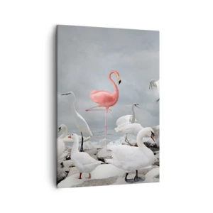Impression sur toile - Image sur toile - Un flamant rose parmi des cygnes blancs sur fond de lac - 50x70cm - Comment suis-je arrivé là? - Décoration murale moderne pour le salon et la chambre ARTTOR