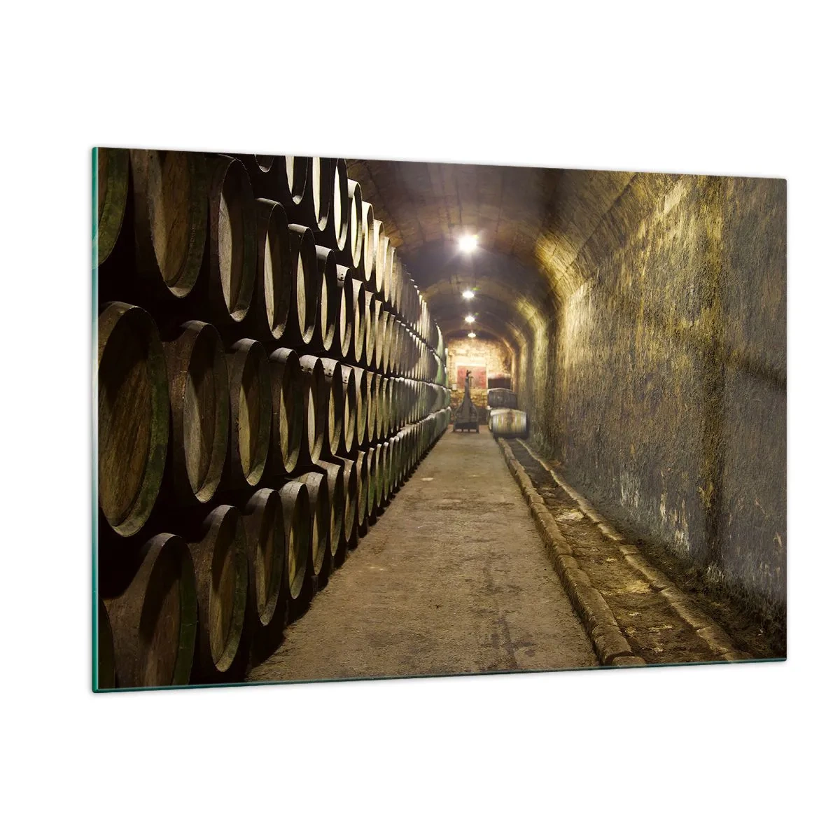 Impression sur verre - Image sur verre - Cave à vin avec rangées de barriques - 120x80cm - Qu'il est bon de s'allonger - Décoration murale moderne pour le salon et la chambre ARTTOR