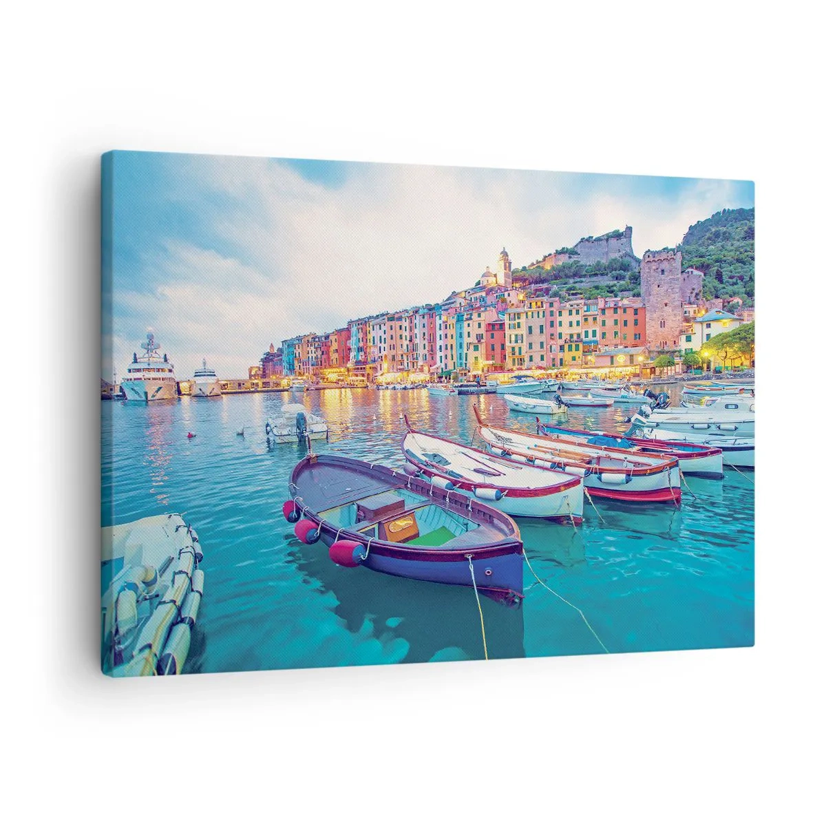 Impression sur toile - Image sur toile - Une ville portuaire colorée avec des bateaux dans le port - 70x50cm - Soirée colorée au port - Décoration murale moderne pour le salon et la chambre ARTTOR