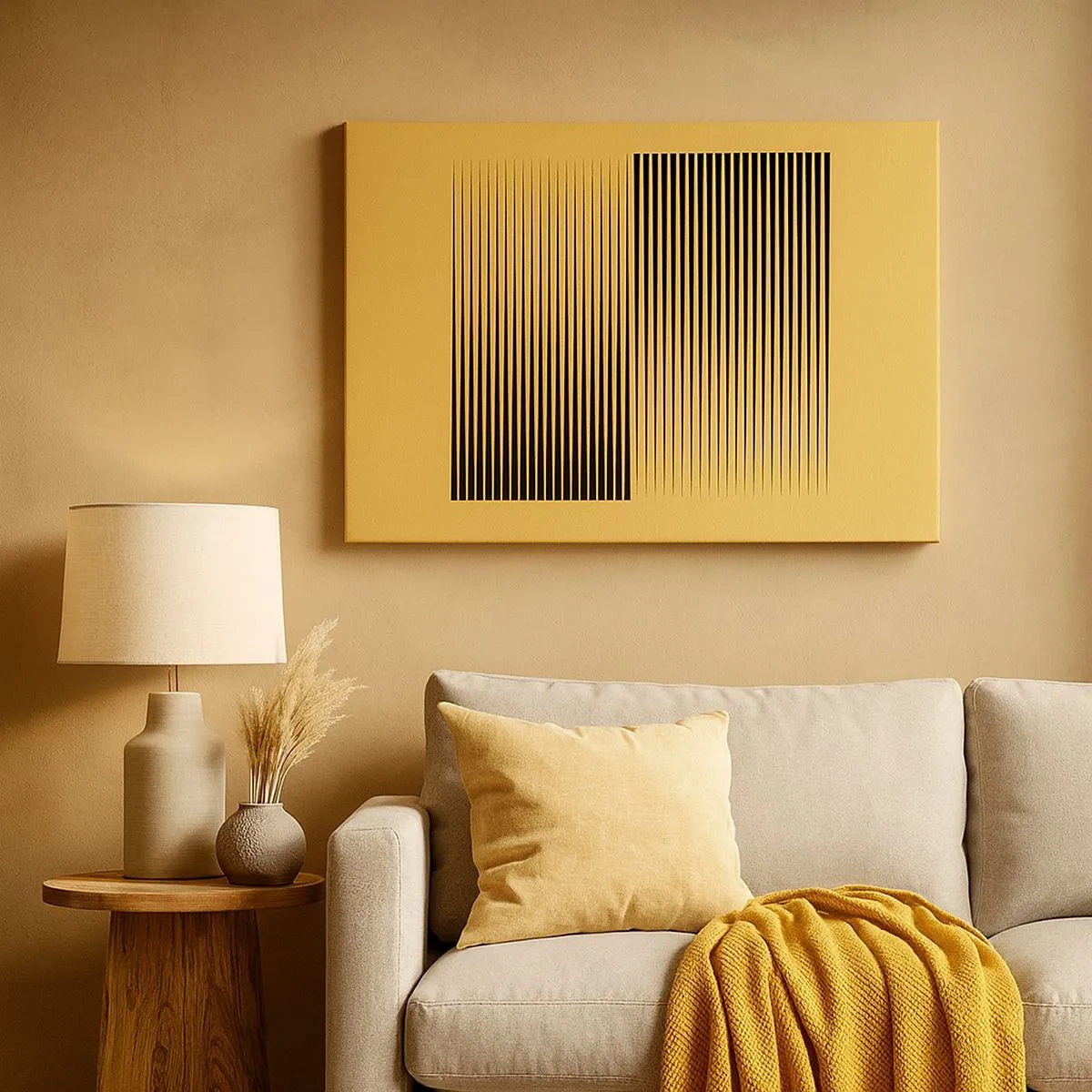 Impression sur toile - Image sur toile - Lignes noires verticales sur fond jaune - 70x50cm - Cadre opposé - Décoration murale moderne pour le salon et la chambre ARTTOR