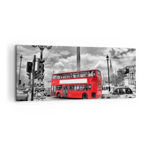 Impression sur toile - Image sur toile - Un bus rouge à impériale sur fond de ville en noir et blanc - 120x50cm - La vraie circulation sanguine de la ville - Décoration murale moderne pour le salon et la chambre ARTTOR