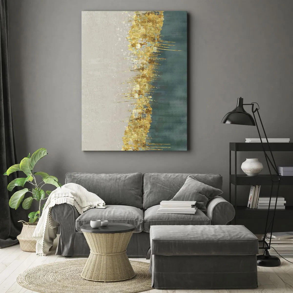Impression sur toile - Image sur toile - Des accents dorés sur un fond vert-beige - 50x70cm - La frontière dorée - Décoration murale moderne pour le salon et la chambre ARTTOR