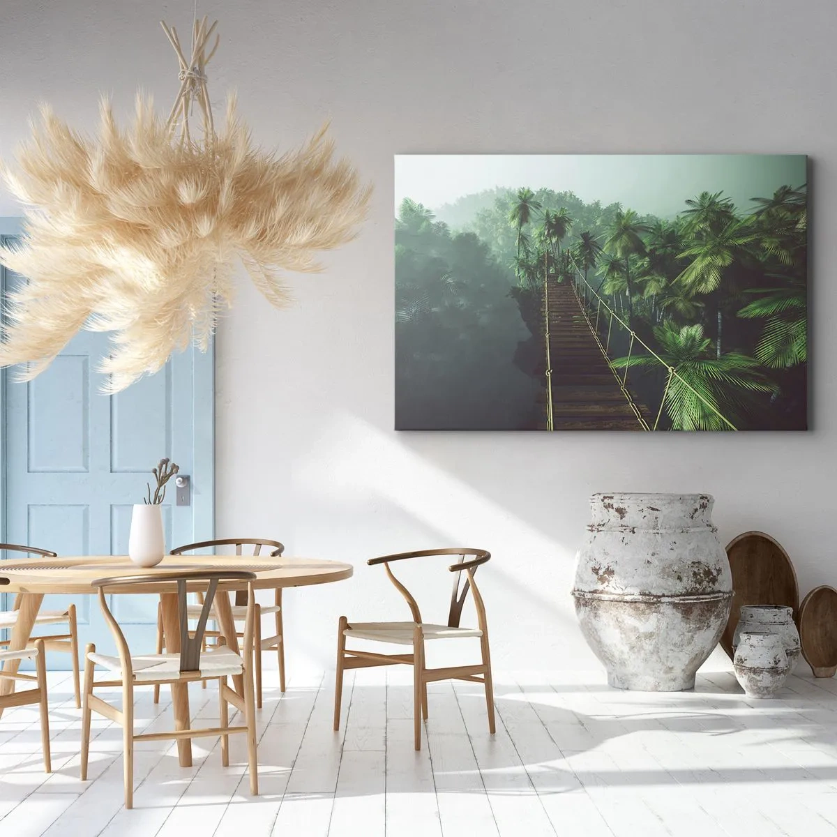 Impression sur toile - Image sur toile - Un pont suspendu dans une forêt tropicale entourée de brouillard. - 100x70cm - Au fil de la verdure - Décoration murale moderne pour le salon et la chambre ARTTOR