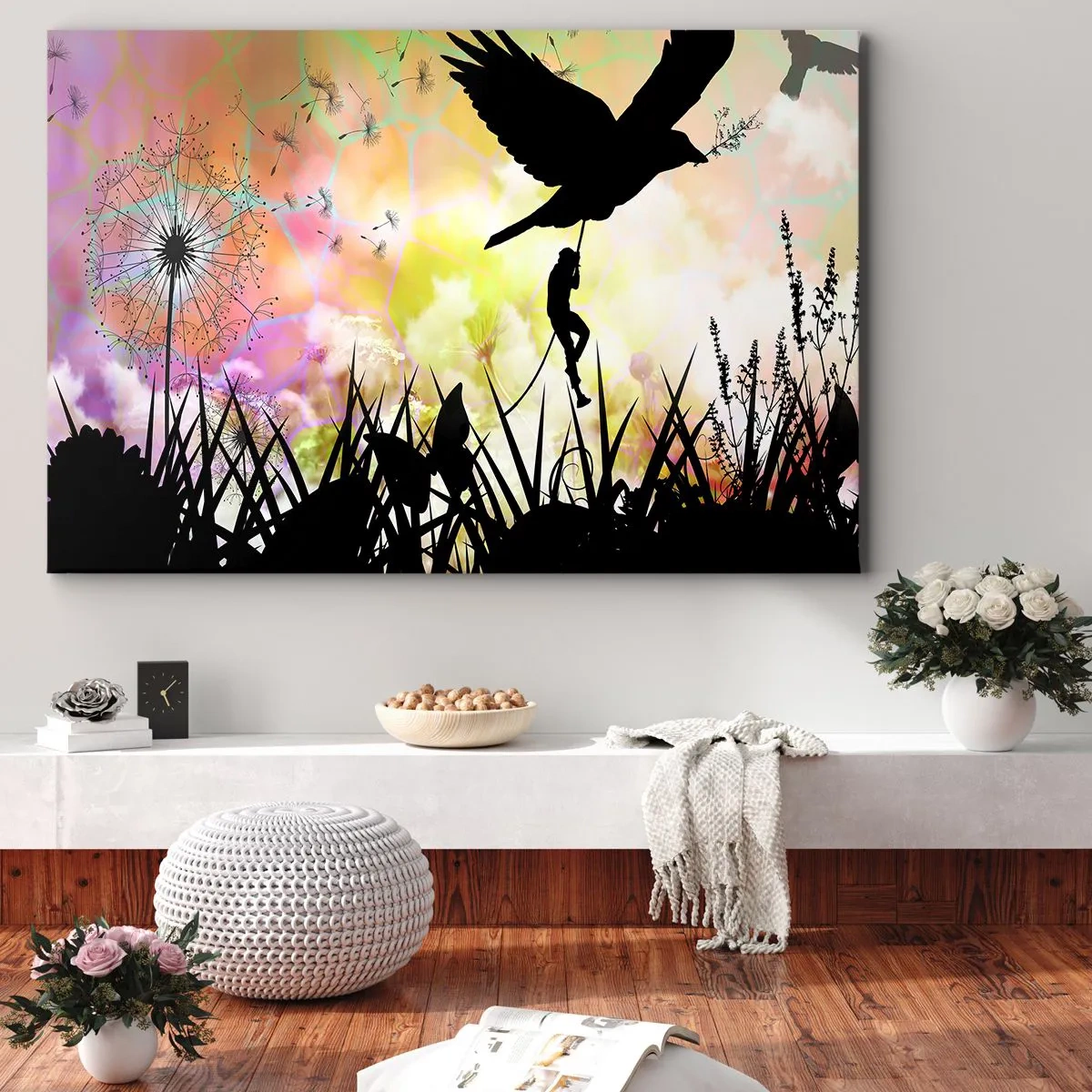 Impression sur toile - Image sur toile - Silhouette de la nature avec un oiseau et un pissenlit - 100x70cm - Dans une ambiance de conte de fées - Décoration murale moderne pour le salon et la chambre ARTTOR