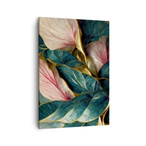 Impression sur toile - Image sur toile - Feuilles élégantes en vert, or et rose - 50x70cm - Élégance et style naturels - Décoration murale moderne pour le salon et la chambre ARTTOR