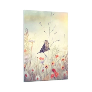 Impression sur verre - Image sur verre - Un oiseau sur fond de prairie colorée aux couleurs pastel - 70x100cm - Portrait d'oiseau sur pré en fond - Décoration murale moderne pour le salon et la chambre ARTTOR