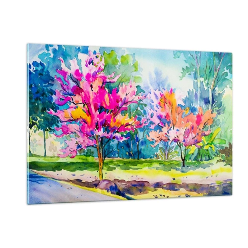 Impression sur verre - Image sur verre - Arbres colorés dans le parc peints avec la technique de l'aquarelle - 120x80cm - Jardin arc-en-ciel à la lumière du printemps - Décoration murale moderne pour le salon et la chambre ARTTOR