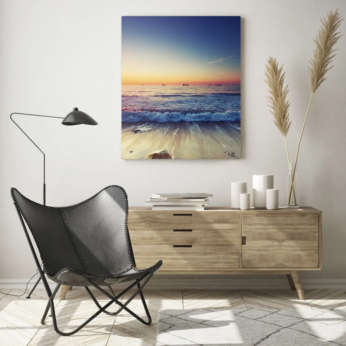 Impression sur verre - Image sur verre - Coucher de soleil sur la plage avec des vagues douces et une mer calme - 50x70cm - Mais quel horizon ? - Décoration murale moderne pour le salon et la chambre ARTTOR