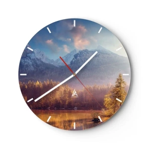 Horloge murale - Pendule murale - Paysage de montagne au coucher du soleil avec reflet dans le lac - 30x30cm - Dans les montagnes et les vallées - Décoration murale moderne pour le salon, la cuisine et la chambre ARTTOR