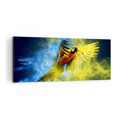 Impression sur toile - Image sur toile - Un perroquet en vol sur fond d'explosions colorées de jaune et de bleu. - 120x50cm - Dans la poussière bleue et dorée - Décoration murale moderne pour le salon et la chambre ARTTOR