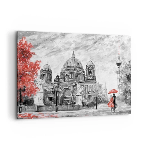 Impression sur toile - Image sur toile - Scène en noir et blanc avec Berlin, un parapluie rouge et un arbre - 100x70cm - Rencontre berlinoise - Décoration murale moderne pour le salon et la chambre ARTTOR