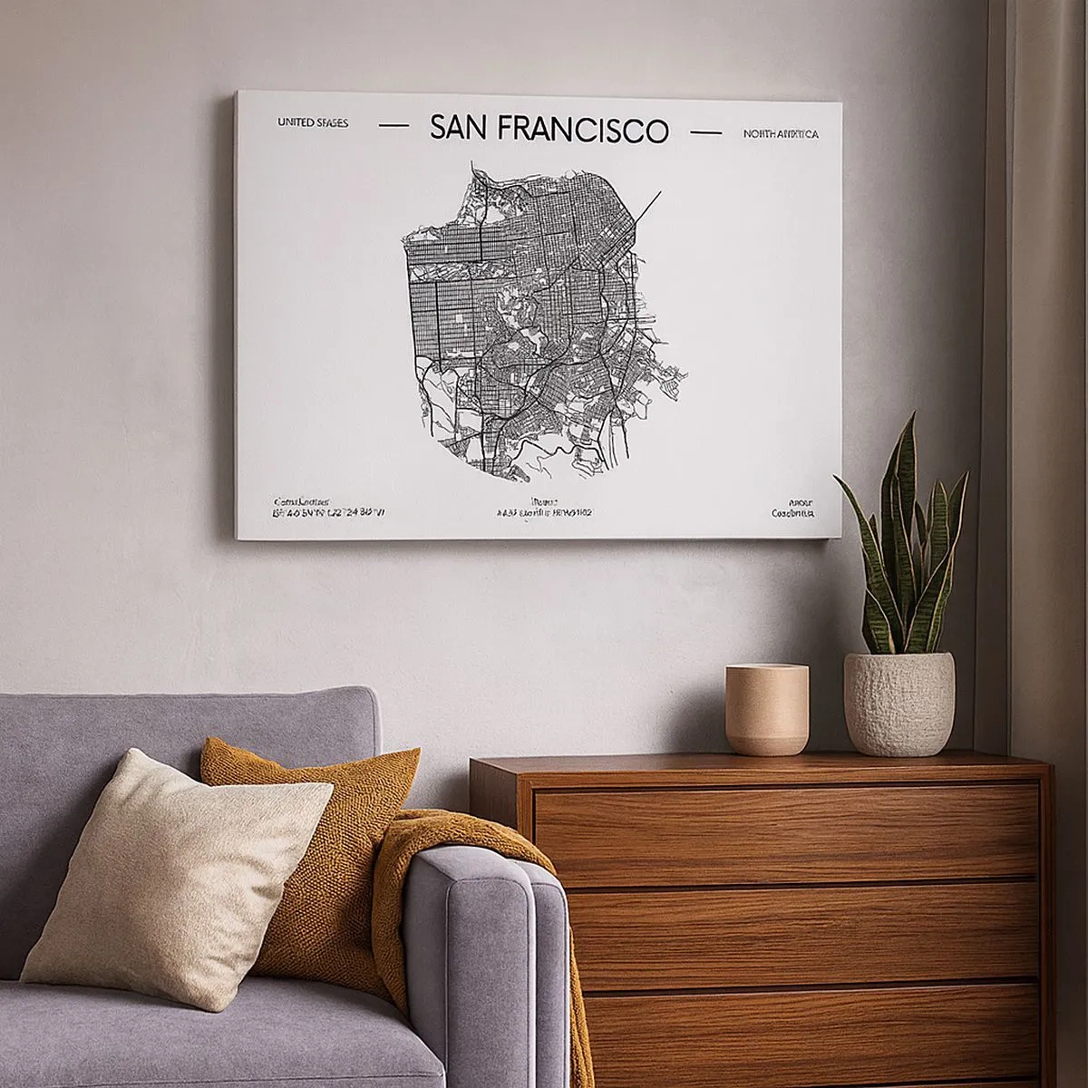 Impression sur toile - Image sur toile - Une carte de San Francisco dans un style minimaliste en noir et blanc. - 70x50cm - Anatomie de San Fransisco - Décoration murale moderne pour le salon et la chambre ARTTOR