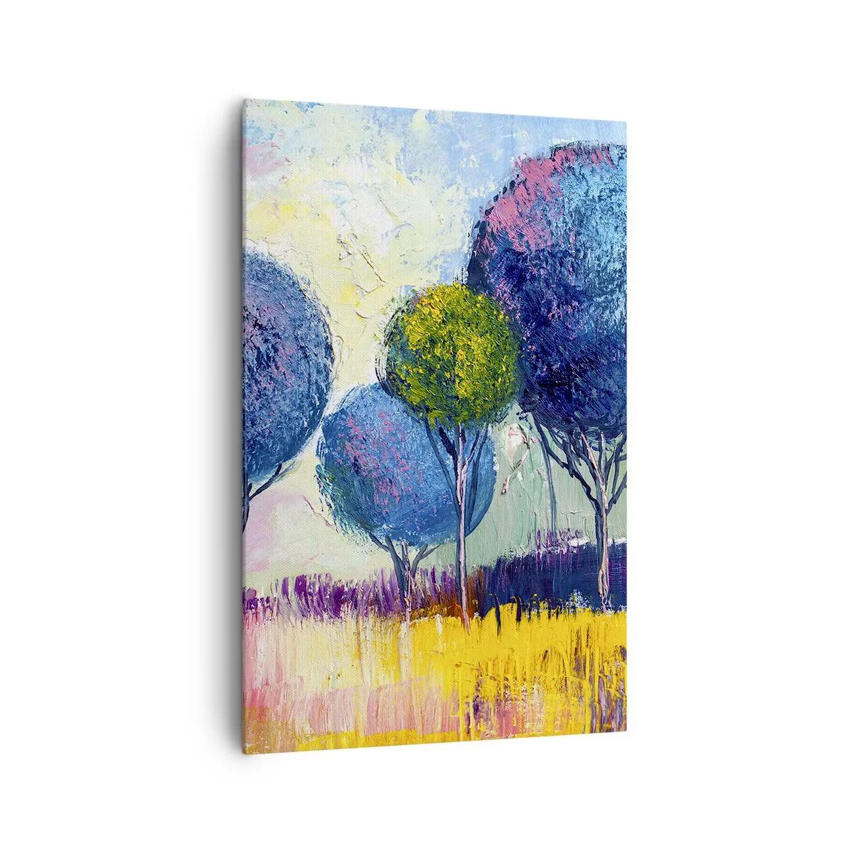 Impression sur toile - Image sur toile - Arbres colorés en forme de boule sur fond de paysage - 80x120cm - Sphère - la forme idéale - Décoration murale moderne pour le salon et la chambre ARTTOR