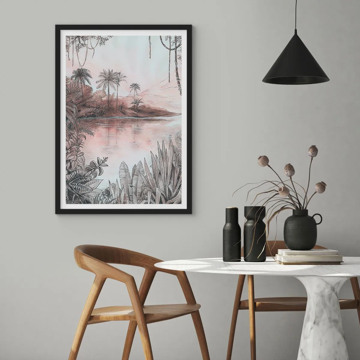 Affiche dans un cadre noir - Poster - Paysage exotique au bord de l'eau - 50x70cm - Journal d'un explorateur du XIXe siècle - Décoration murale moderne pour le salon et la chambre ARTTOR