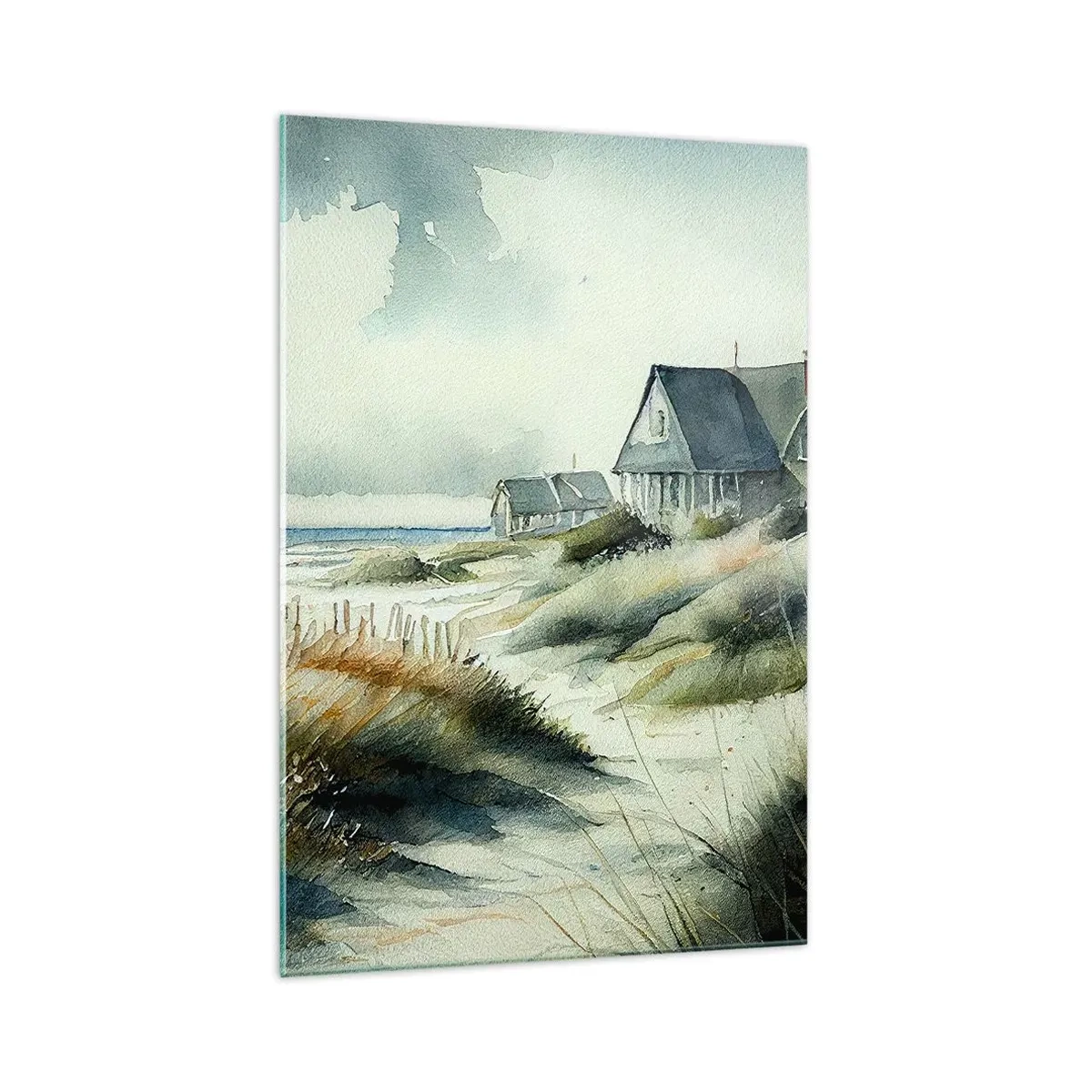Impression sur verre - Image sur verre - Une maison de bord de mer entourée d'herbe et surplombant la mer - 70x100cm - Loin de l'agitation - Décoration murale moderne pour le salon et la chambre ARTTOR
