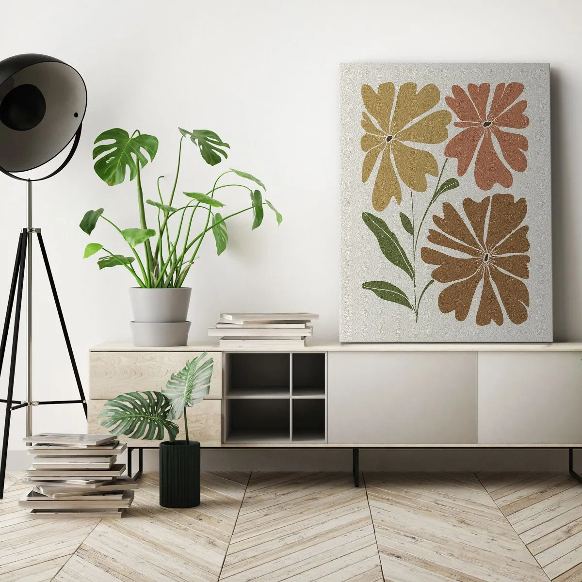 Impression sur toile - Image sur toile - Trois fleurs aux couleurs chaudes sur un fond clair - 70x100cm - Nature et géométrie - Décoration murale moderne pour le salon et la chambre ARTTOR
