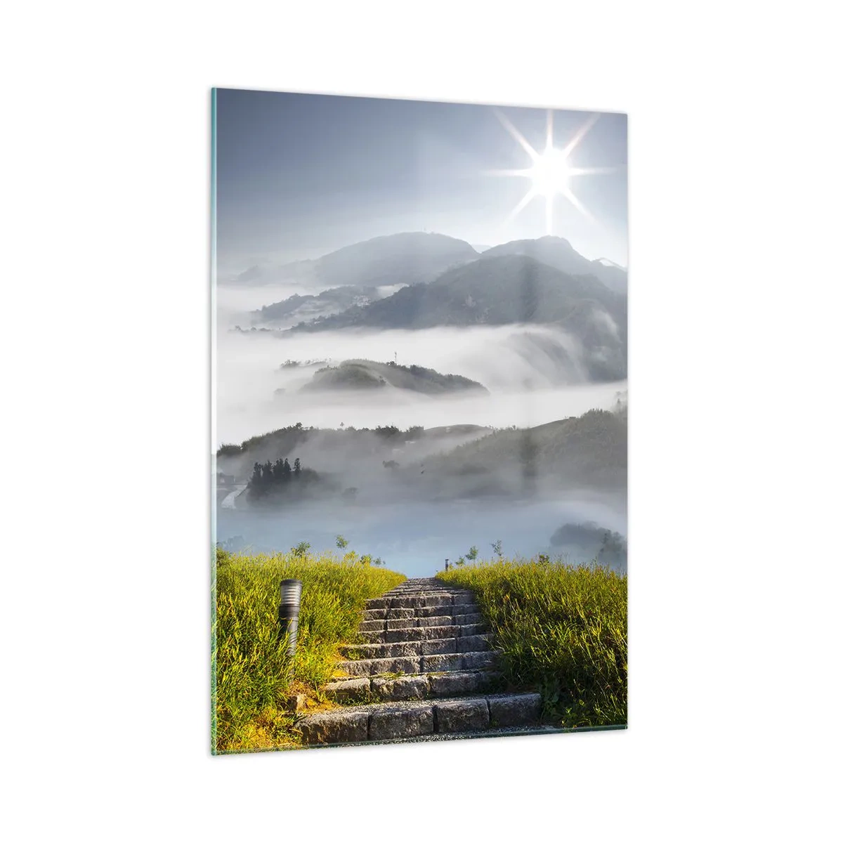 Impression sur verre - Image sur verre - Paysage de montagne avec brouillard et escaliers menant au sommet - 50x70cm - Toujours plus haut vers les nuages - Décoration murale moderne pour le salon et la chambre ARTTOR