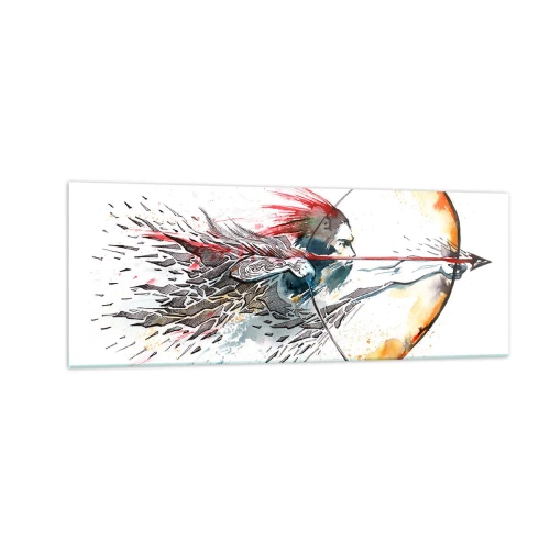 Impression sur verre - Image sur verre - Aquarelle dynamique d'un guerrier avec un arc et des flèches - 140x50cm - Guerrier mythique avec un arc de feu - Décoration murale moderne pour le salon et la chambre ARTTOR