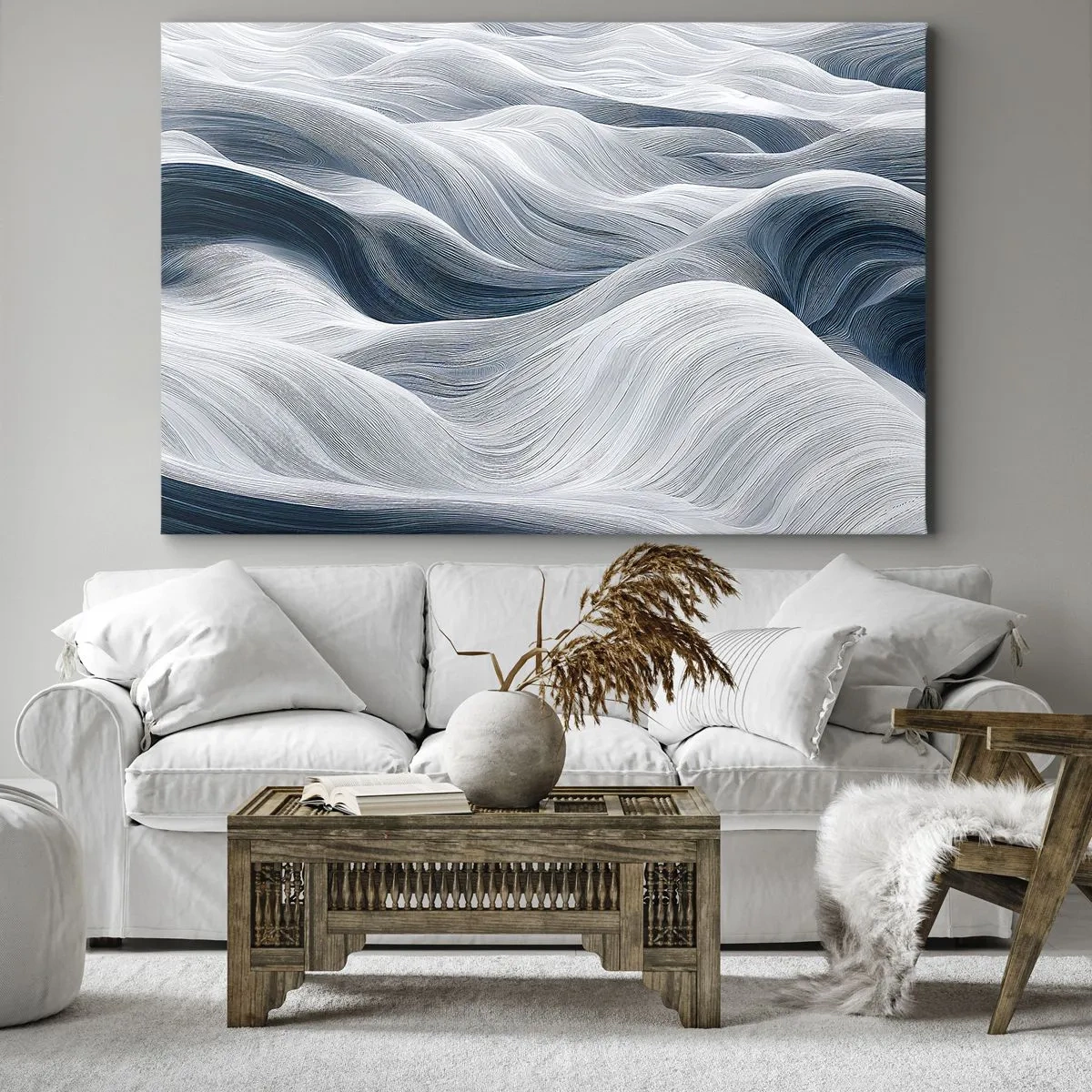 Impression sur toile - Image sur toile - Lignes ondulées dans des tons de bleu et de blanc - 70x50cm - Vagues blanches et bleues - Décoration murale moderne pour le salon et la chambre ARTTOR