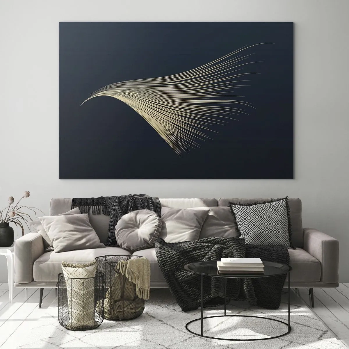 Impression sur verre - Image sur verre - Une ligne dorée ressemblant à une aile sur un fond bleu marine - 120x80cm - Comme les cheveux d'un ange - Décoration murale moderne pour le salon et la chambre ARTTOR