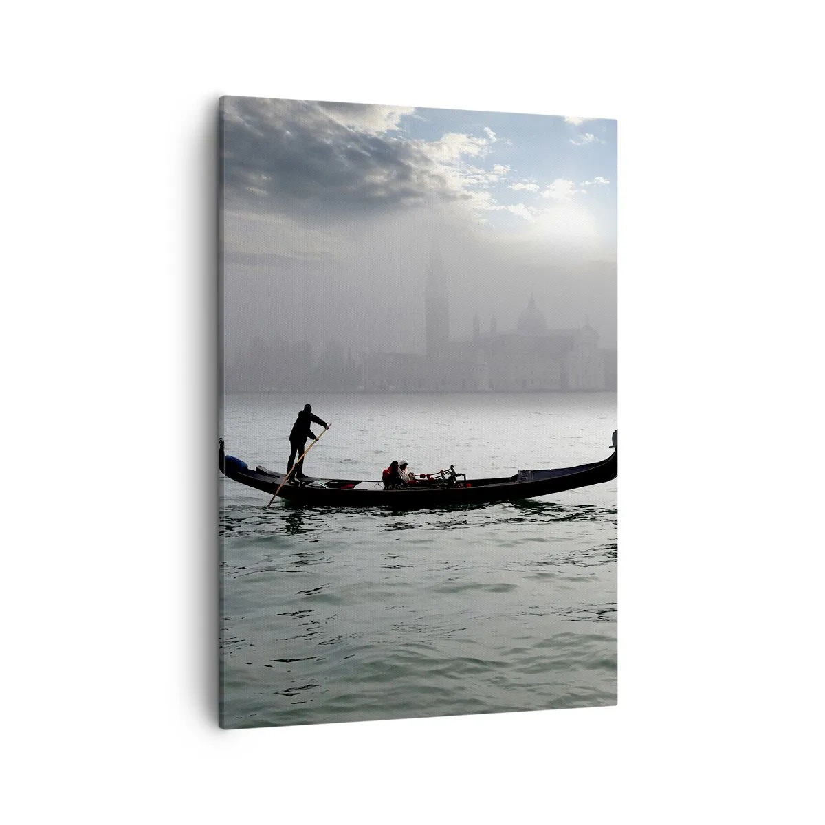 Impression sur toile - Image sur toile - Une gondole glisse sur les eaux de Venise par un matin brumeux, surplombant la ville. - 50x70cm - Une ville fabuleuse faite d'eau et de brouillard - Décoration murale moderne pour le salon et la chambre ARTTOR