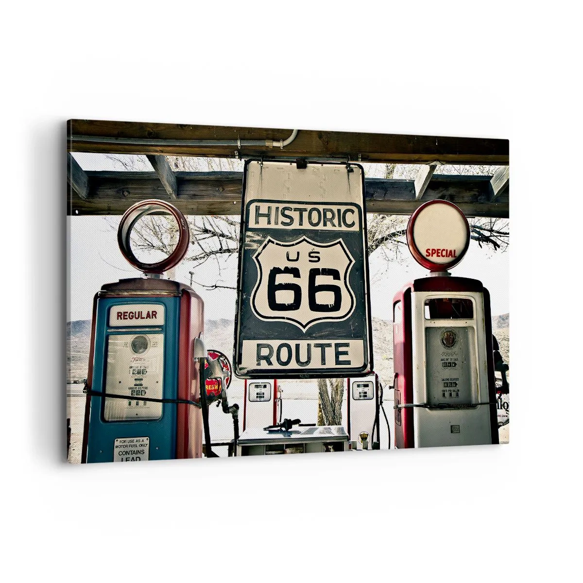 Impression sur toile - Image sur toile - Station-service historique de la Route 66 - 120x80cm - Voyage rétro américain - Décoration murale moderne pour le salon et la chambre ARTTOR
