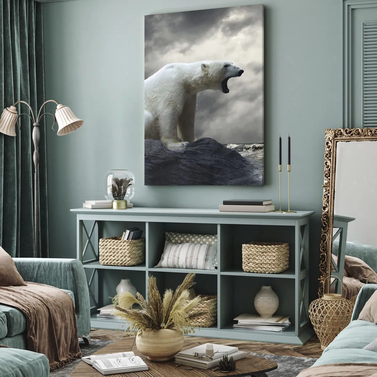Impression sur toile - Image sur toile - Un ours polaire sur les rochers au-dessus d'une mer agitée - 50x70cm - Roi solitaire de l'Arctique - Décoration murale moderne pour le salon et la chambre ARTTOR
