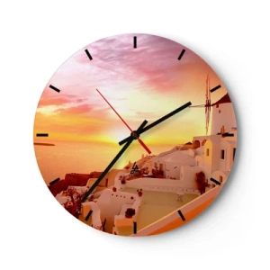 Horloge murale - Pendule murale - Vue de l'architecture grecque au coucher du soleil - 30x30cm - Fondre en blanc et or - Décoration murale moderne pour le salon, la cuisine et la chambre ARTTOR