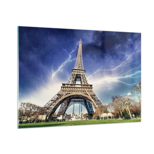 Impression sur verre - Image sur verre - La Tour Eiffel entourée d'éclairs par temps nuageux - 100x70cm - Maître des tempêtes - Décoration murale moderne pour le salon et la chambre ARTTOR