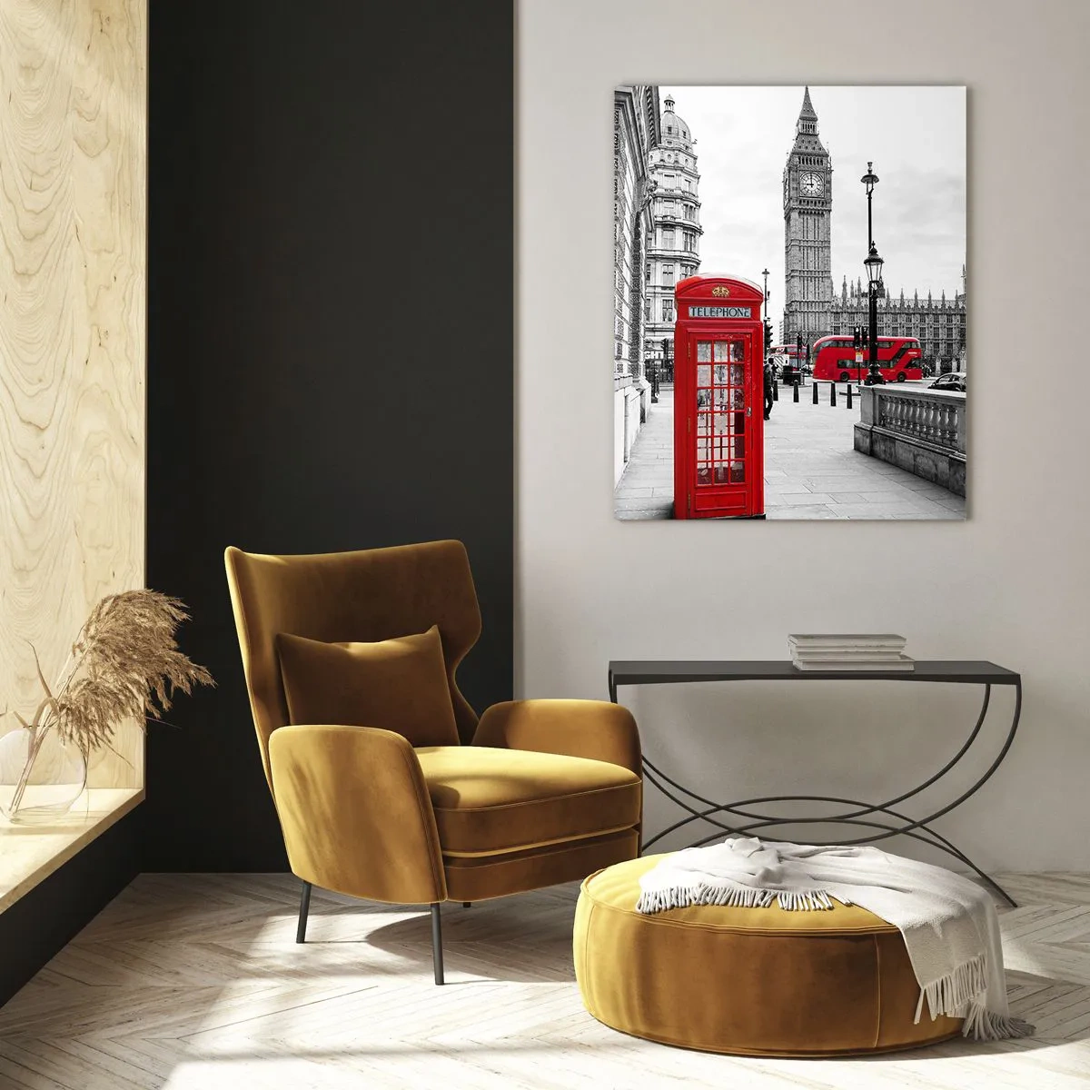 Impression sur verre - Image sur verre - Londres en noir et blanc avec une cabine téléphonique rouge et un bus - 50x70cm - Sans aucun doute Londres - Décoration murale moderne pour le salon et la chambre ARTTOR