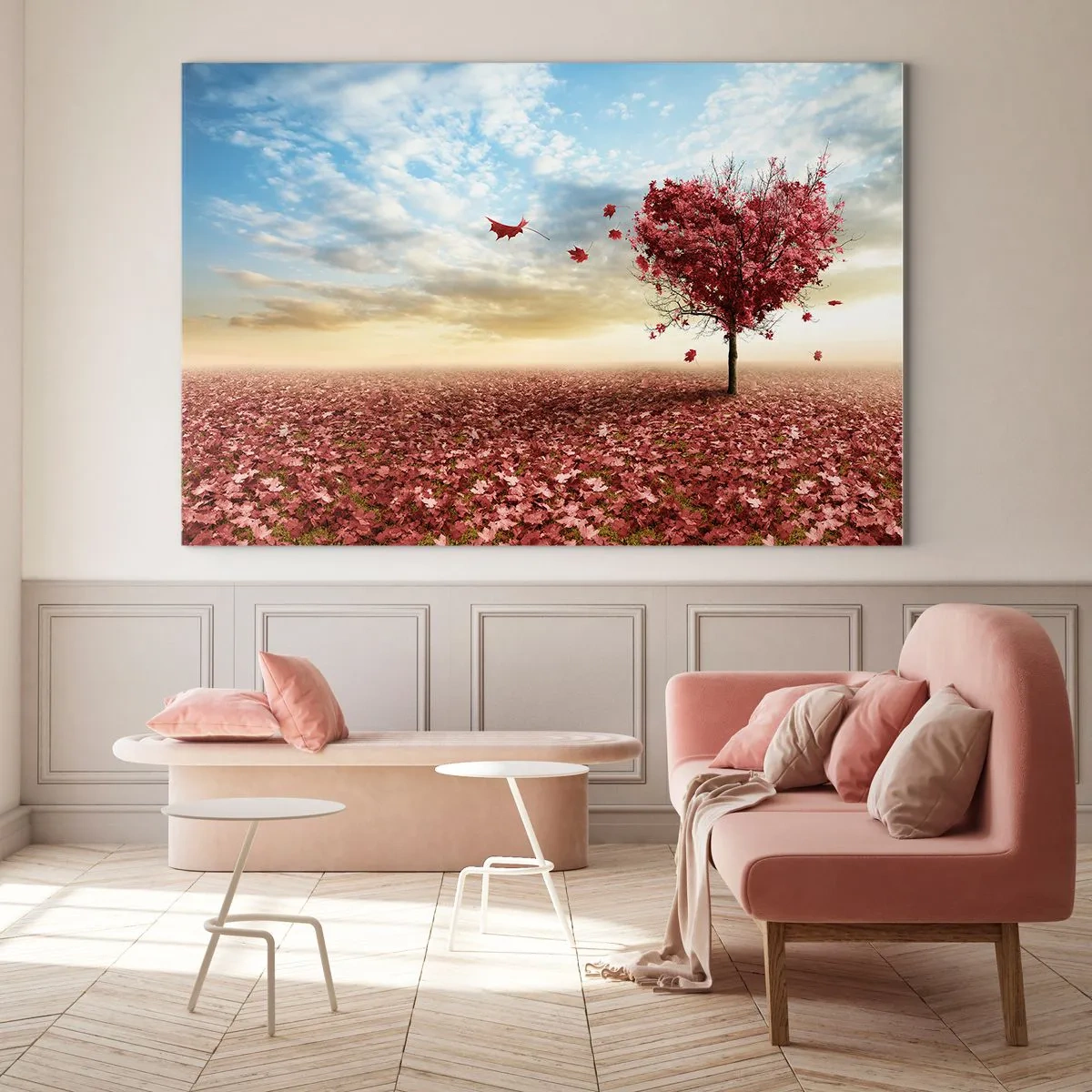 Impression sur verre - Image sur verre - Un arbre en forme de cœur sur un champ de feuilles rouges - 100x70cm - Vous allez aussi aimer l'automne - Décoration murale moderne pour le salon et la chambre ARTTOR