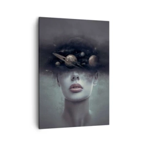 Impression sur toile - Image sur toile - Un visage de femme avec un motif de planète et d'espace en arrière-plan - 50x70cm - Et les planètes deviennent folles... - Décoration murale moderne pour le salon et la chambre ARTTOR