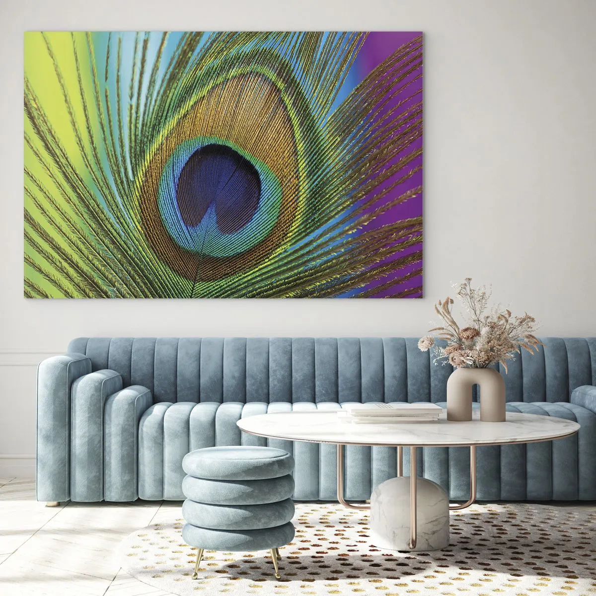 Impression sur verre - Image sur verre - Gros plan d'une plume de paon colorée - 70x50cm - Les yeux dans les yeux - Décoration murale moderne pour le salon et la chambre ARTTOR