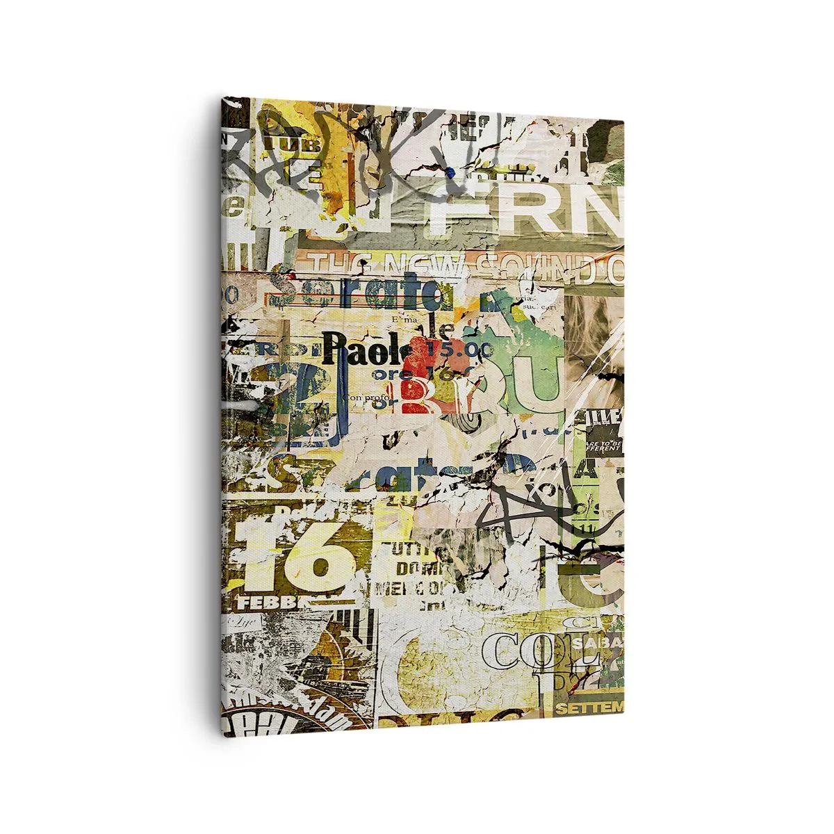 Impression sur toile - Image sur toile - Un collage de fragments de journaux et d'affiches dans un style artistique. - 50x70cm - Oh, il se passe quelque chose... - Décoration murale moderne pour le salon et la chambre ARTTOR