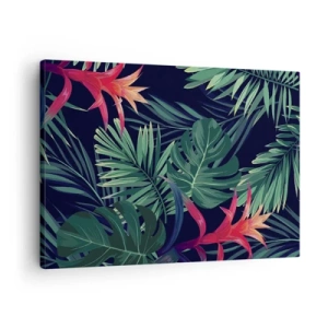 Impression sur toile - Image sur toile - Feuilles et fleurs tropicales sur fond sombre - 70x50cm - immergé dans la nature - Décoration murale moderne pour le salon et la chambre ARTTOR